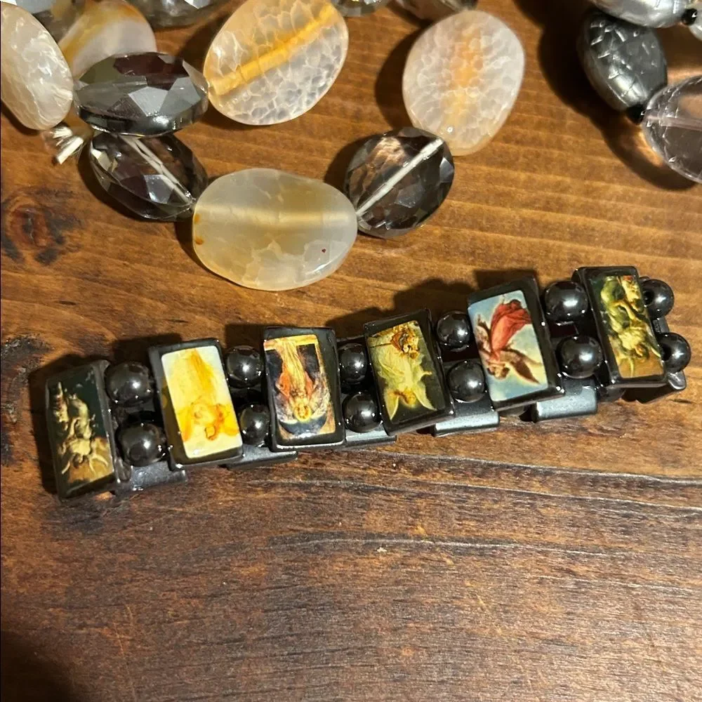 4pc Beaded Bracelet Stack Black Gray Brown Devotional Saint Whimsigoth